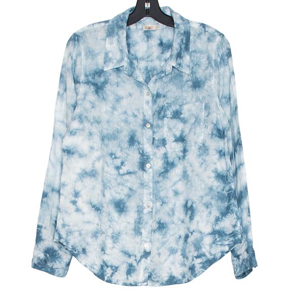 Faherty Top Linen Tie Dye Coastal Boho Beachy Casual Button Up Blue White Medium - Picture 1 of 7